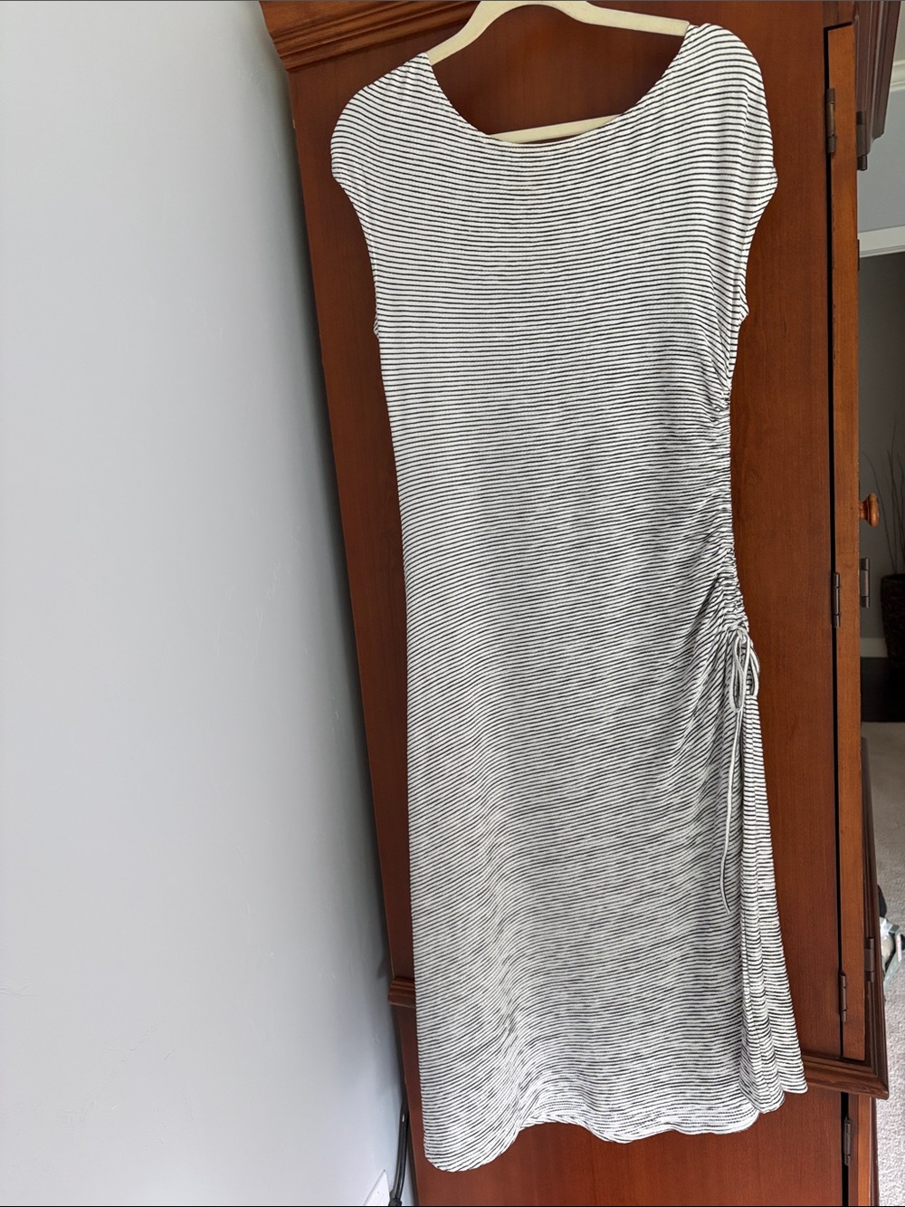 Max Studio Black & White Striped Midi Dress with Side Ruched Tie